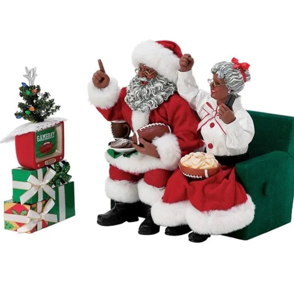 Brand New Department 56 Black Santa and Mrs. Claus Super Bowl watchers
